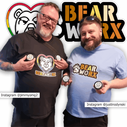 "Bear Worx 2025 Pride" T-Shirt on Jimmy and "Bear Worx Logo Stacked" on Justin