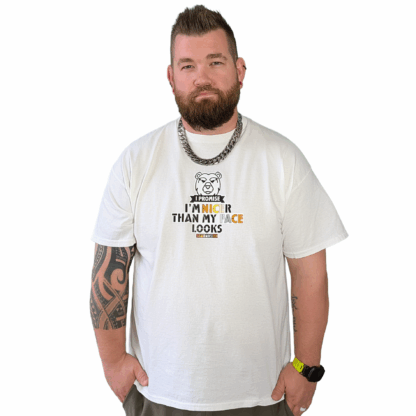 BJ in the "I Promise I'm Nicer Than My Face Looks" t-shirt